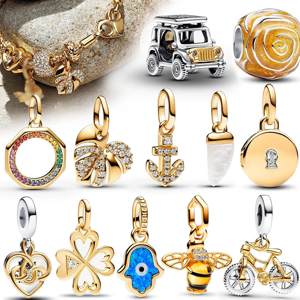 Sparkling Gold Monstera Leaf Charm Fit Original Bracelet 925 Sterling Silver Shark Tooth Mini Charm for Girls Party Jewelry