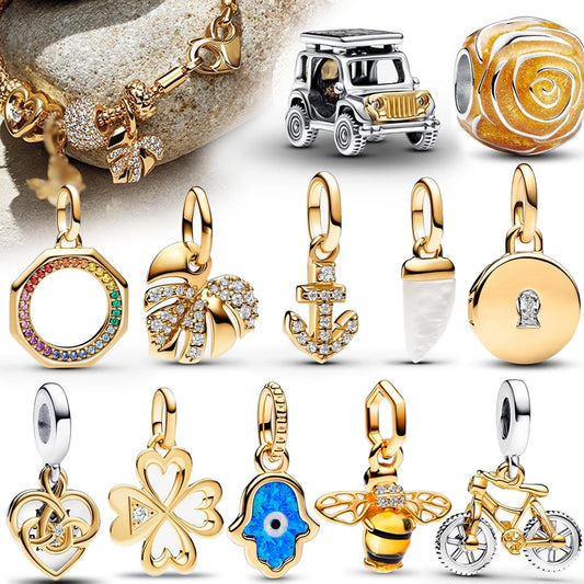 Sparkling Gold Monstera Leaf Charm Fit Original Bracelet 925 Sterling Silver Shark Tooth Mini Charm for Girls Party Jewelry