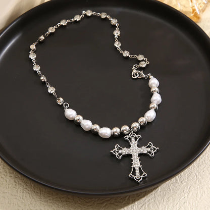 2025 Y2K Pearl Cross Pendant Necklace Hip Hop Retro Women Religious Zircon Chain Necklaces Girls Punk Party Trendy Jewelry Gifts