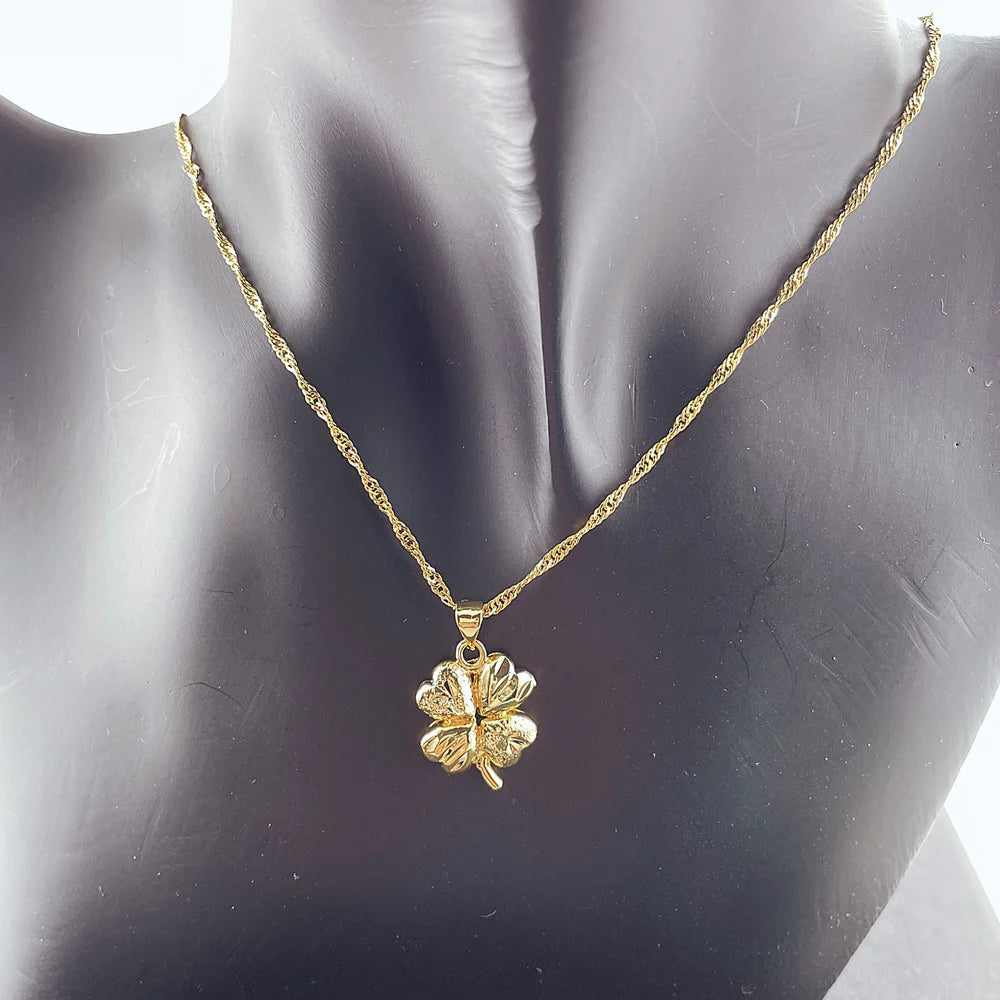 18K Gold Necklace Lucky Clover Pendant 24K Gold For Woman Charm Jewelry Wedding Party Gift
