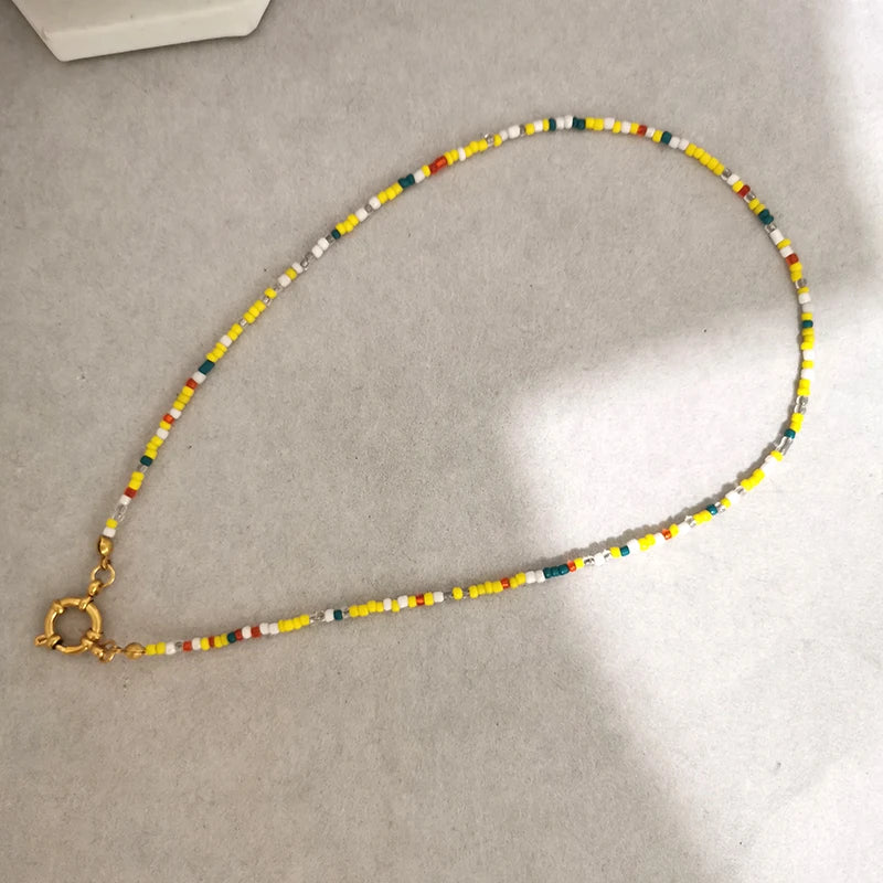 QMHJE Imitation Pearl Necklace Women Choker Seed Beads Rainbow Stainless Steel Clasp Sailor Buckle Base Chain Gold Color Boho