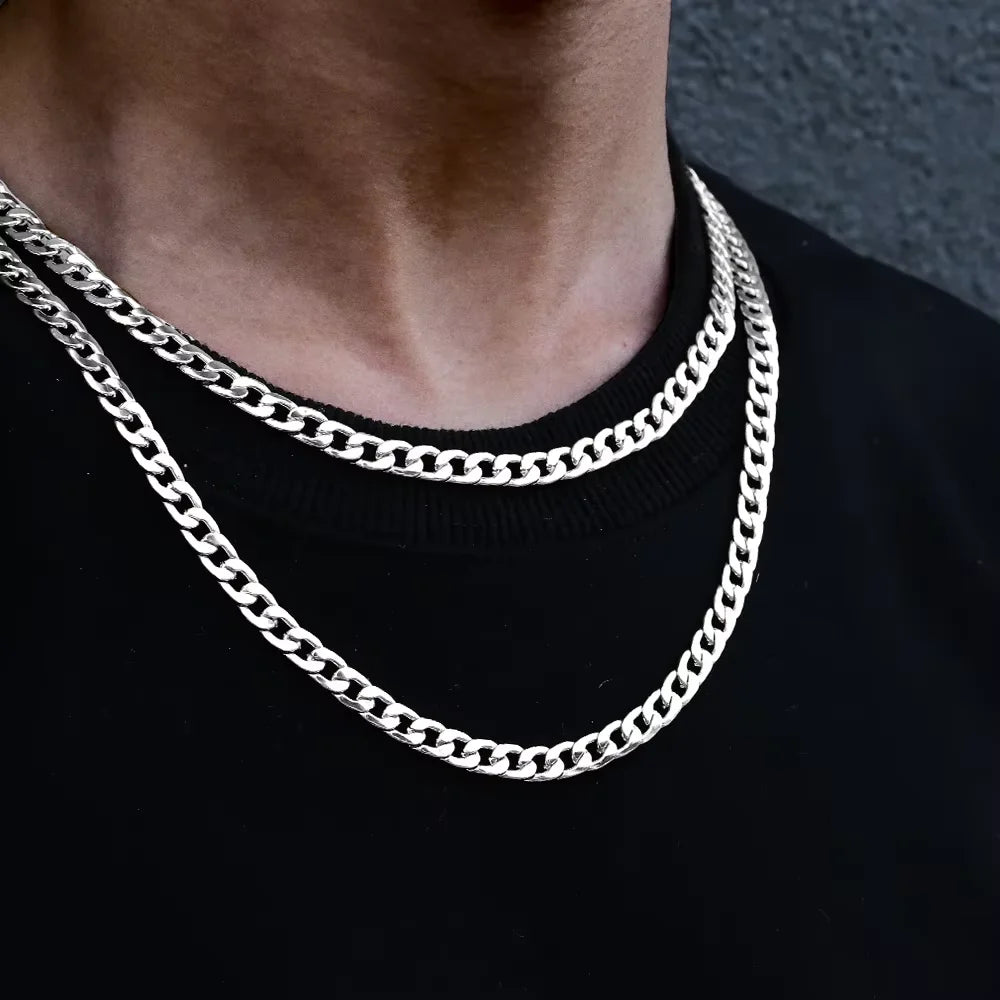 LUXUKISSKIDS Hip Hop Width 5/7MM Cuban Link Stainless Steel Chains Necklace for Men Basic Simple Rapper's Choker on Neck Jewelry