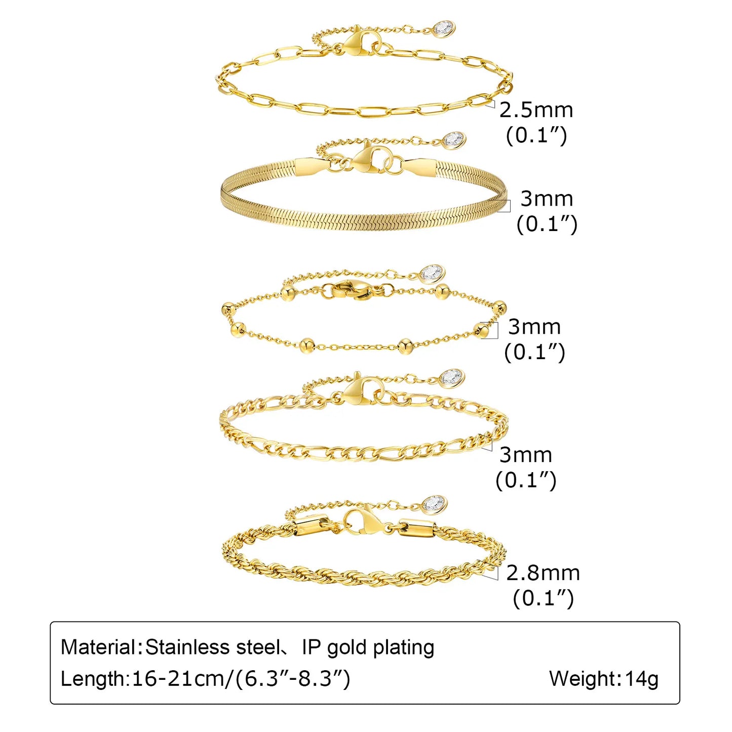 5PCS/Set Women Gold/Silver Color Bracelets,Stainless Steel Lady Geometric Fashion Charm Chain,Multi Layers Dainty Girl Jewelry
