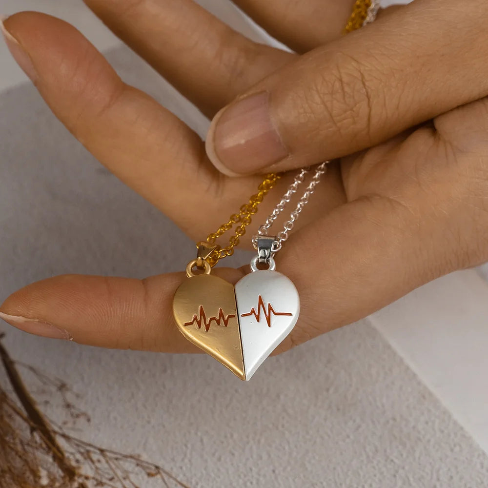 2Pcs Electrocardiogram Couple Necklaces for Lovers Boys Girls Stainless Steel Magnetic Heart Pendant Jewelry Valentines Day Gift