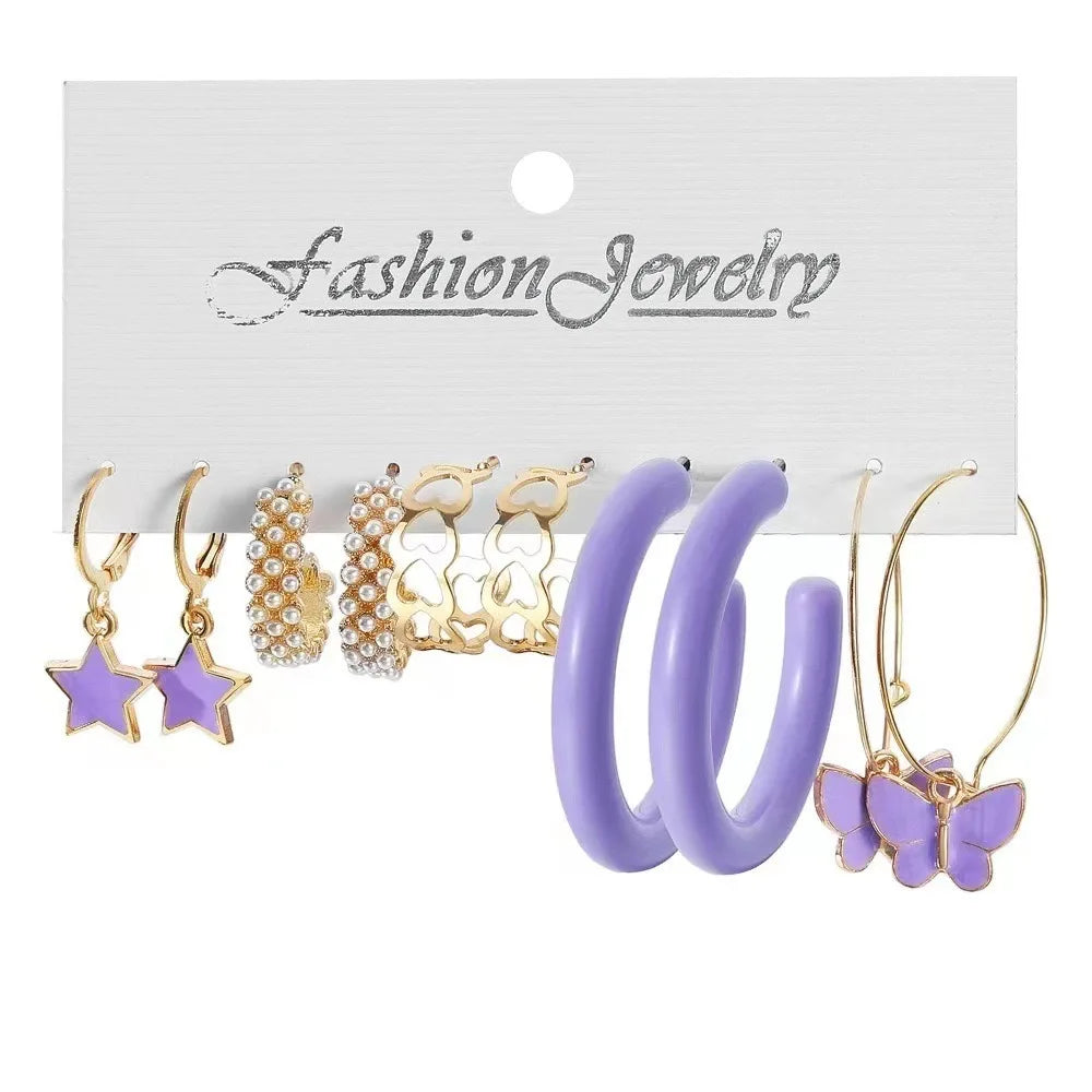 Creative and simple C-shaped geometric earrings with pearl butterfly female earrings 6-piece set