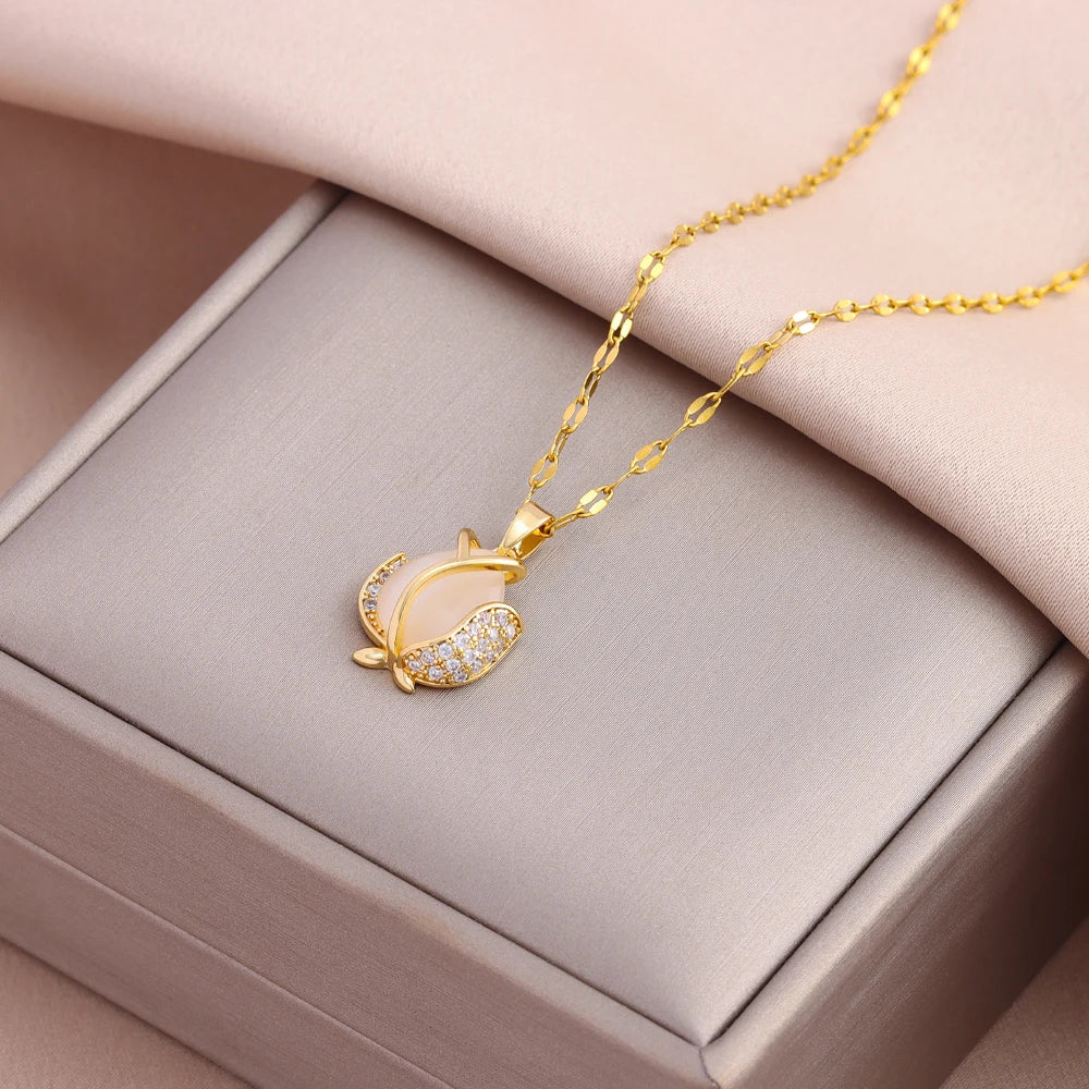 Trendy 18K Gold Plated Zircon Crystal Pendant Stainless Steel Necklace For Women Female Clavicle Chain Jewelry Lady Accessories
