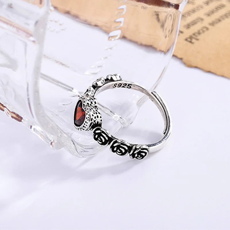 Romantic Love Heart Red Crystal Rose Flower Retro Thai Silver Female Finger Ring For Women Hand Jewellery Accessories