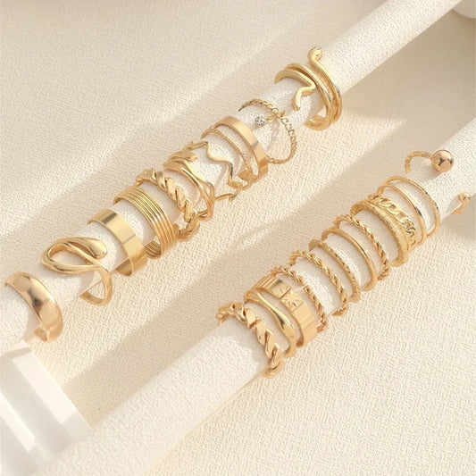 24pcs Fashion Stunning Rhinestone Ring Set Bohemian Elegant Minimalist Snake Geometric Design Ring Party Daily Wear Jewelry Gift