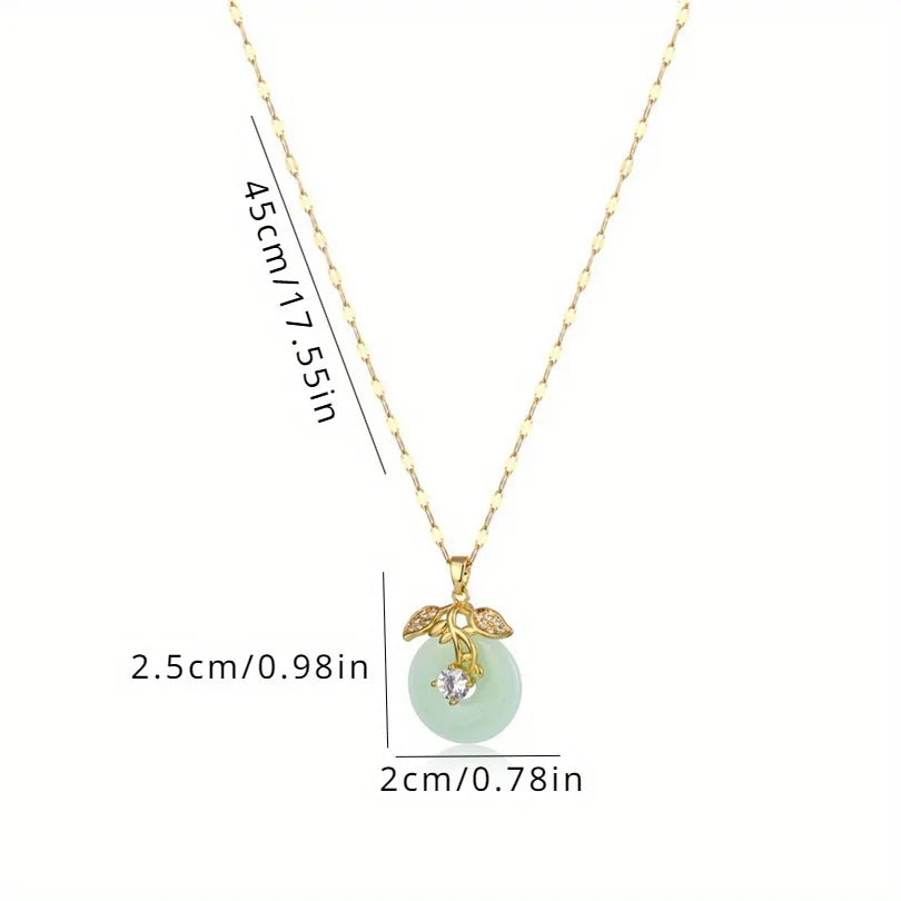 18k Gold Plated Titanium Steel Chain Fashion Chinese Style Imitation Jade Lucky Leaf Pendant Necklace Anniversary Gift