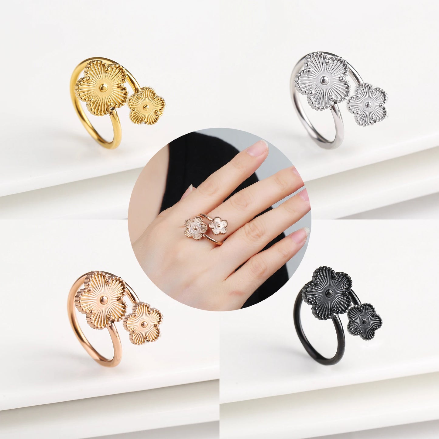 Classic Luxury Clover Metal Laser Stainless Steel Five Leaf Flower Open Ring Simple for Woman Girl New Fashion Party Jewelry