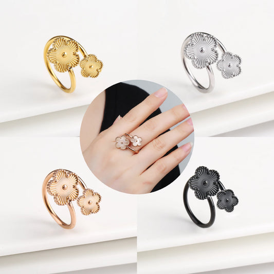 Classic Luxury Clover Metal Laser Stainless Steel Five Leaf Flower Open Ring Simple for Woman Girl New Fashion Party Jewelry