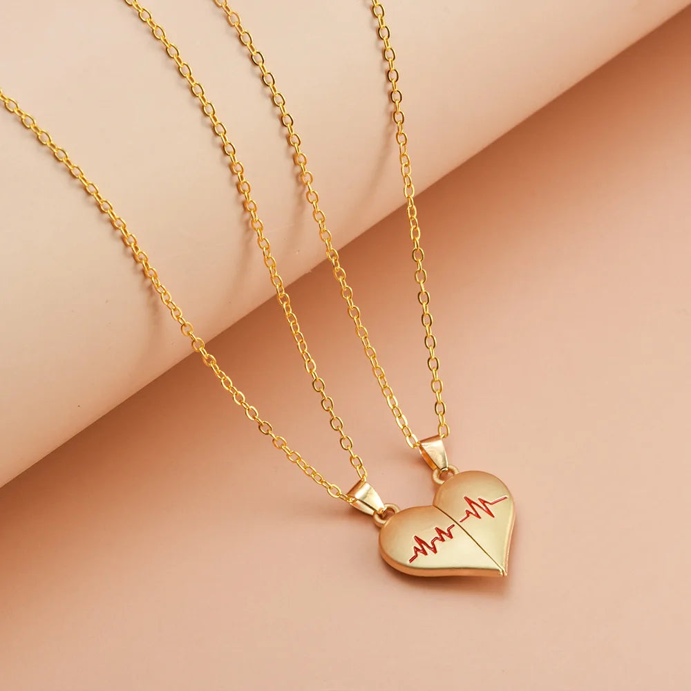 2Pcs Electrocardiogram Couple Necklaces for Lovers Boys Girls Stainless Steel Magnetic Heart Pendant Jewelry Valentines Day Gift