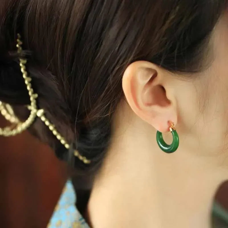 Designer original natural Hetian jasper hoop earrings for women high-quality fresh ancient charm dinner party jewelry gift