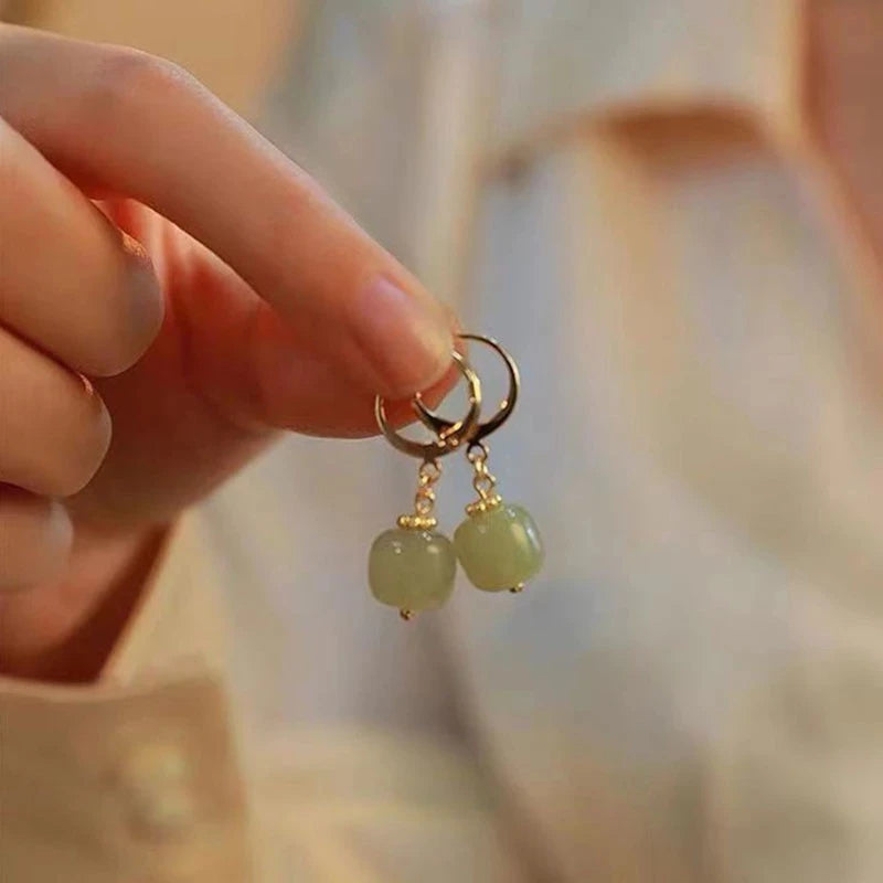 VENTFILLE Gold Color Hetian Jade Earrings for Women Green Round Jewelry Girls Gift  Dropshipping Wholesale