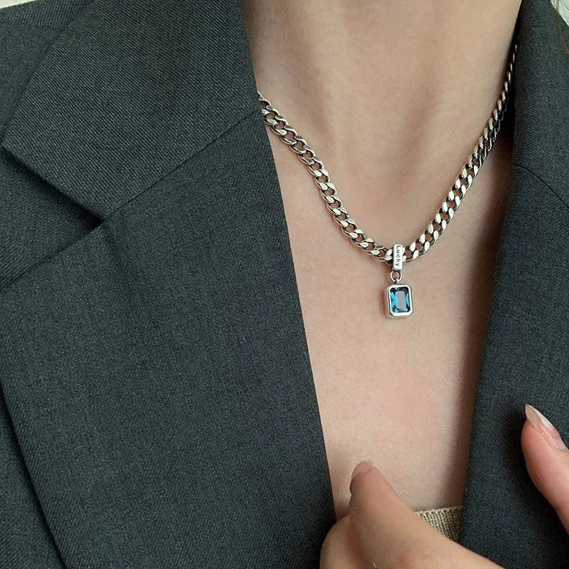 Personality Square Blue Zirconia Necklace Cuban Type Choker Matching Party Fashion Exquisite Women's Jewelry