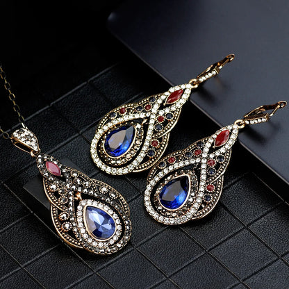 Neovisson Turkish Women Long Hook Dangle Earring Water Drop Pendant Necklace Jewelry Sets Antique Gold Color Resin Gift