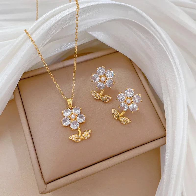 DIEYURO 316L Stainless Steel Butterfly Flower Bowknot Necklace Earrings For Women Girl New Concise Trendy Jewelry Set Gift Party