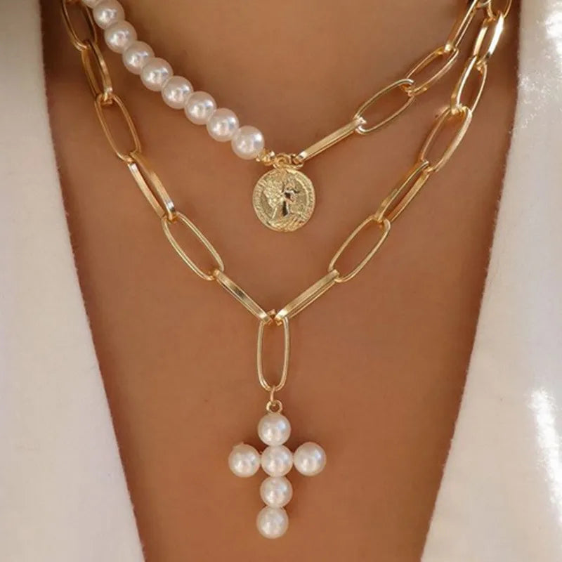 2025 Y2K Pearl Cross Pendant Necklace Hip Hop Retro Women Religious Zircon Chain Necklaces Girls Punk Party Trendy Jewelry Gifts