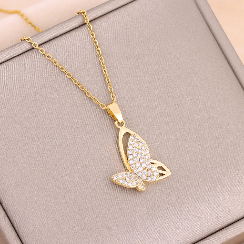 Trendy 18K Gold Plated Zircon Crystal Pendant Stainless Steel Necklace For Women Female Clavicle Chain Jewelry Lady Accessories