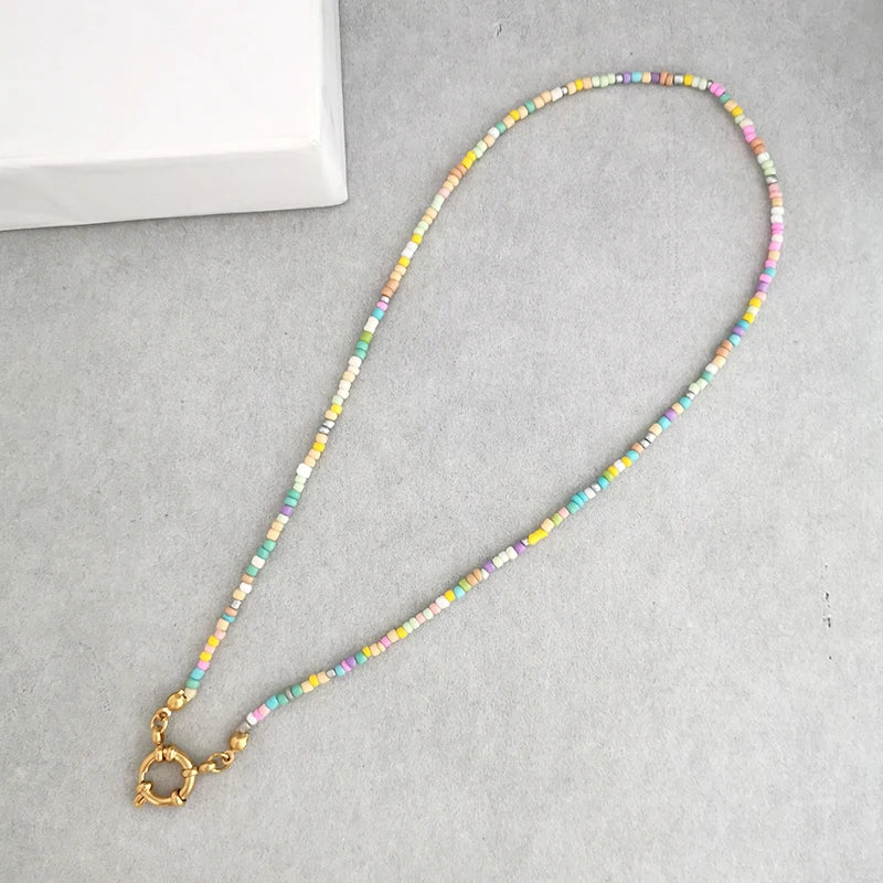 QMHJE Imitation Pearl Necklace Women Choker Seed Beads Rainbow Stainless Steel Clasp Sailor Buckle Base Chain Gold Color Boho