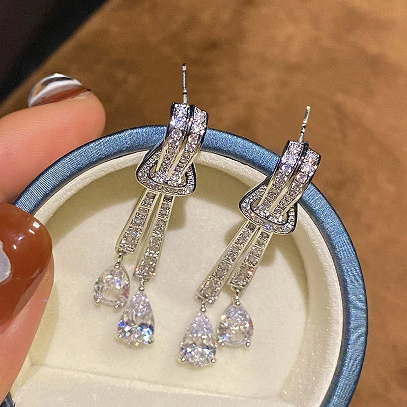 Huitan Bling Bling Long Tassels CZ Drop Earrings for Women Elegant Charms Wedding Party Jewelry Trendy Hot Sale Ear Accessories