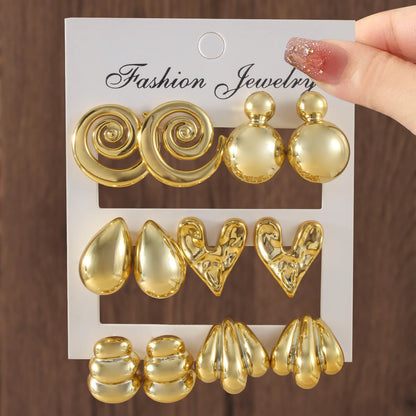 6 Pairs Punk Geometry CCB Stud Earrings Creative Water Drop Heart Earrings for Women Charm Daily Versatile Party Jewelry