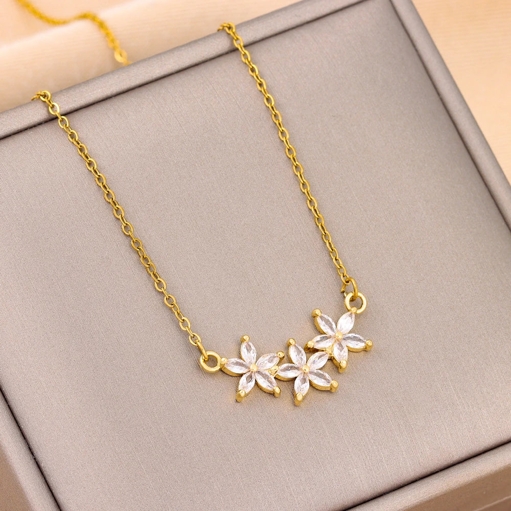 Trendy 18K Gold Plated Zircon Crystal Pendant Stainless Steel Necklace For Women Female Clavicle Chain Jewelry Lady Accessories