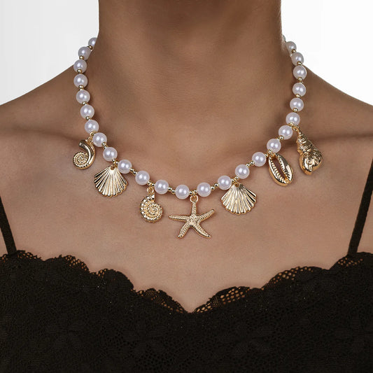 Bohemia Conch Starfish Imitation Pearl Necklace for Women Luxury Exquisite Beaded Shell Pendant Necklace Beach Holiday Jewelry