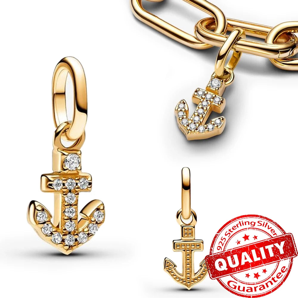 Sparkling Gold Monstera Leaf Charm Fit Original Bracelet 925 Sterling Silver Shark Tooth Mini Charm for Girls Party Jewelry