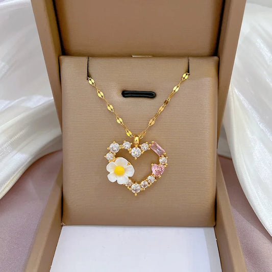 Fashion Simple Heart Flower Zircon Pendant Necklaces for Women Girl Stainless Steel Jewelry Accessories Gift for Valentine's Day