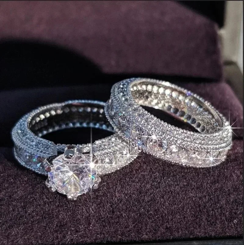 New Silver Color Bride Luxury Bold Big Wedding Rings Set for Bridal Women Engagement Finger Bold Party Gift Jewelry R4428