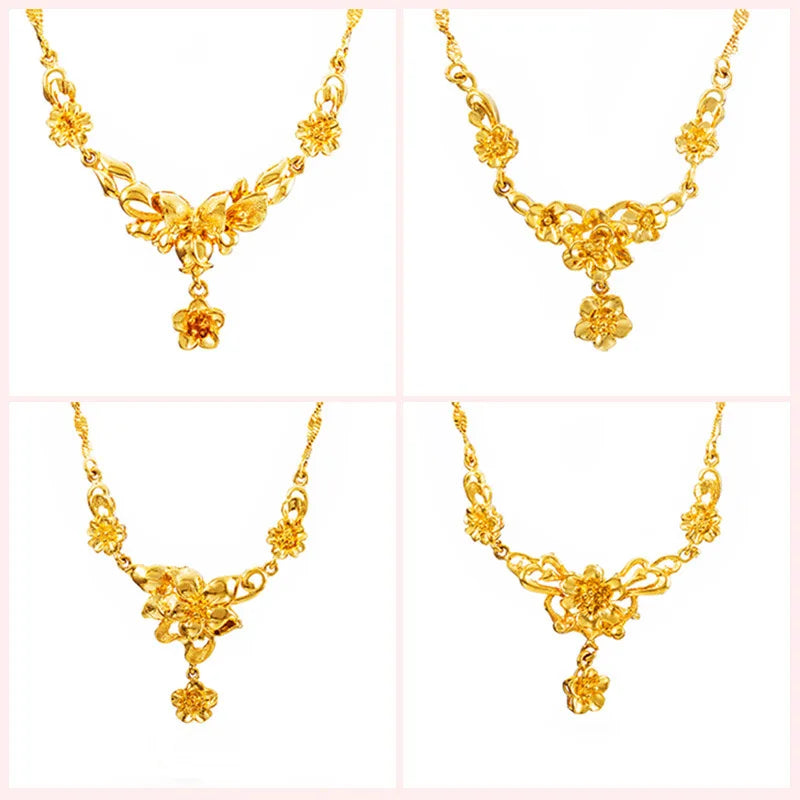 Yellow Gold Plated Multi Flowers Pendant Choker Necklaces for Women 18 inch Collar Wedding Bridal Jewelry Accessories Gifts