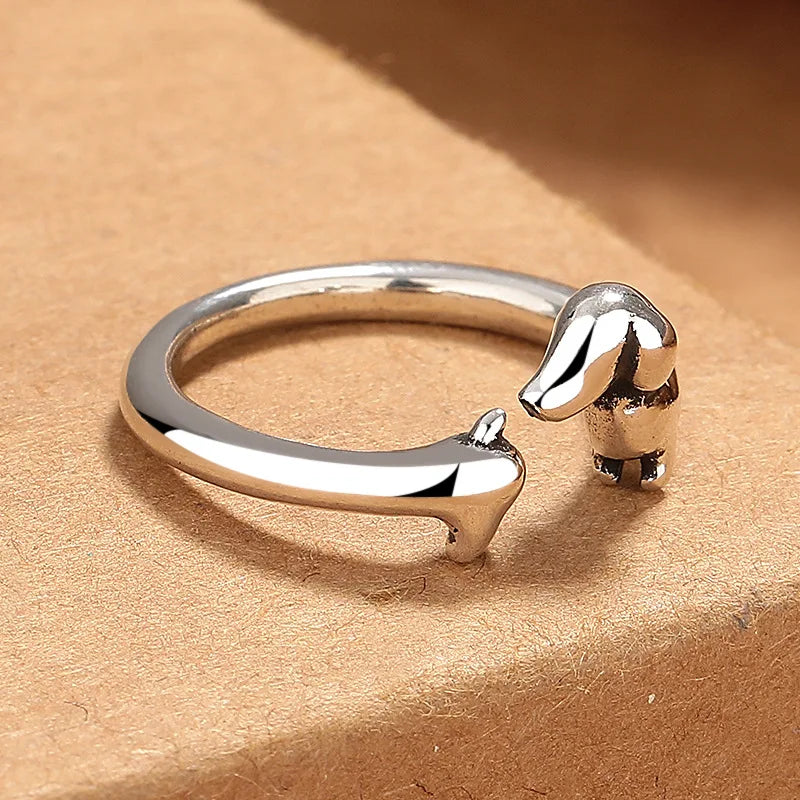 Cute Dachshund Dog Thai Silver Adjustable Rings Original Open Sausage Dog Pet Rings for Women Vintage Animal Jewelry