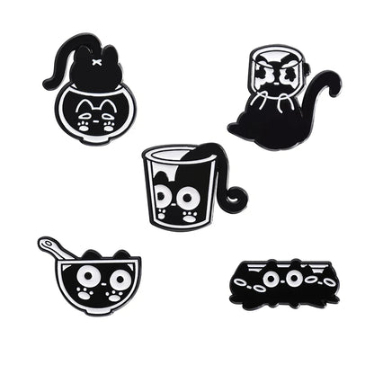 Cute Cat 4-6pcs/Set Enamel Pins Black Fluid Cat Brooches Lapel Badge Punk Animal Jewelry Gift for Friends