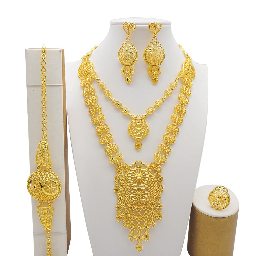 Dubai Gold Color Jewelry Set For Woman Bridal Nigerian African Long Chain Necklace Earrings Bracelet Ring Jewellery Set