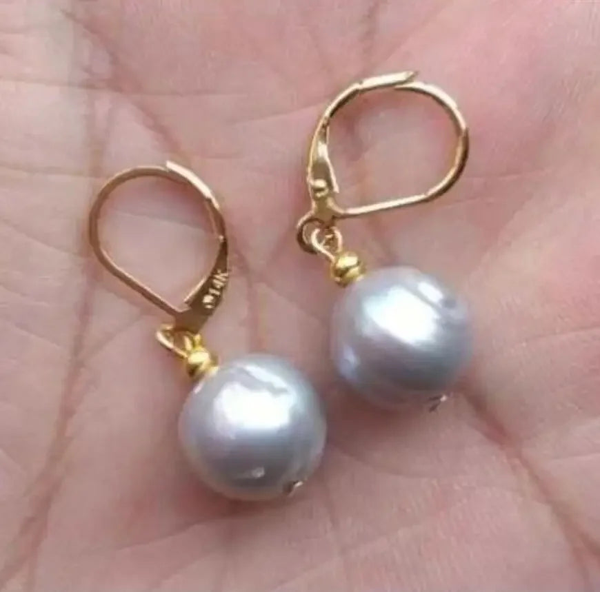 HUGE10-11MM AAA SOUTH SEA GRAY BAROQUE PEARL DANGLE EARRING