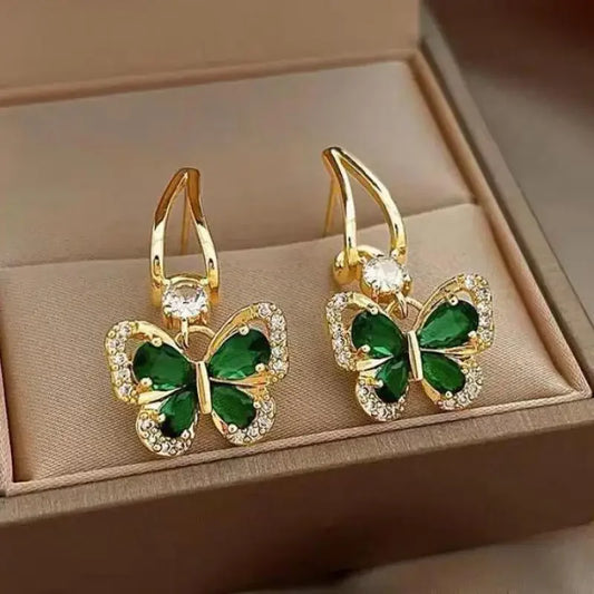 925 Silver Needle Vintage Green Crystal Butterfly Drop Earrings for Women Jewelry New Trending Luxury Zircon Women's Earrings