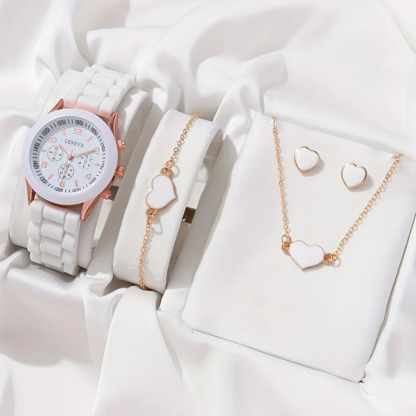 5PCS Set Luxury Watch Women Ring Necklace Earrings Pearl Rhinestone Wristwatch Female Casual Ladies Watches Bracelet (No Box)