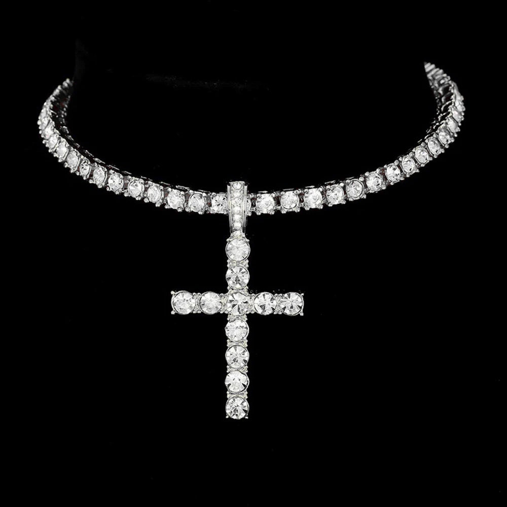 Men Women Hip Hop Cross Pendant Necklace Strap Men 4mm Zircon Tennis Chain Iced Sparkling Necklace Punk Jewelry Fashion Gift