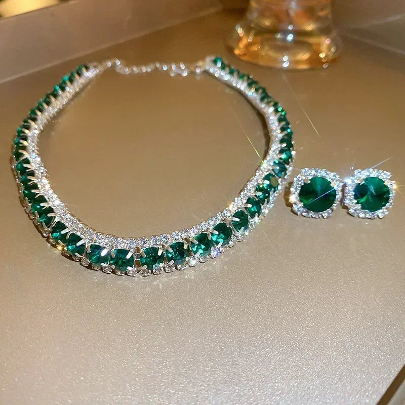 Luxury Crystal Necklace Earrings Set Pink ABcolourful Necklace for Women Weddings Party Jewelry Sets Accessories