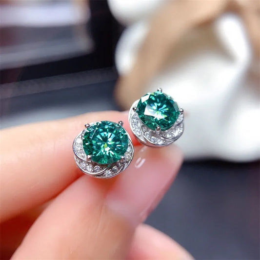 925 Sterling Silver Green Round CZ Stud Earrings  Flower Shape Simple Elegant Women's Ear Piercing Accessories New Jewelry