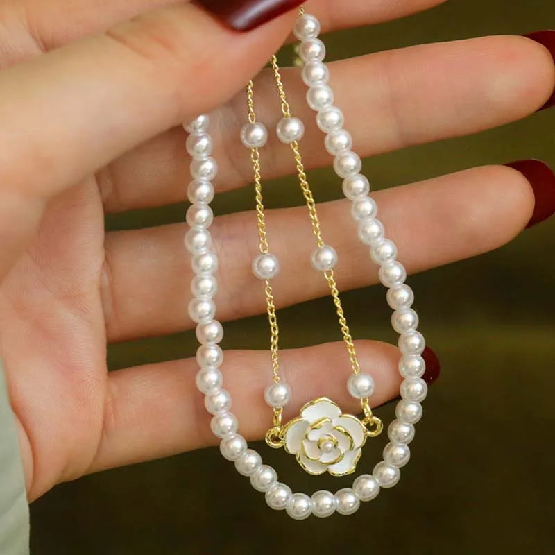 Vintage White Camellia Flower Bracelets For Women Elegant Double Layer Simulated Pearl Beads Chain Bracelet Jewelry 2025 Trend