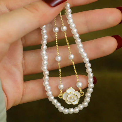 Vintage White Camellia Flower Bracelets For Women Elegant Double Layer Simulated Pearl Beads Chain Bracelet Jewelry 2025 Trend