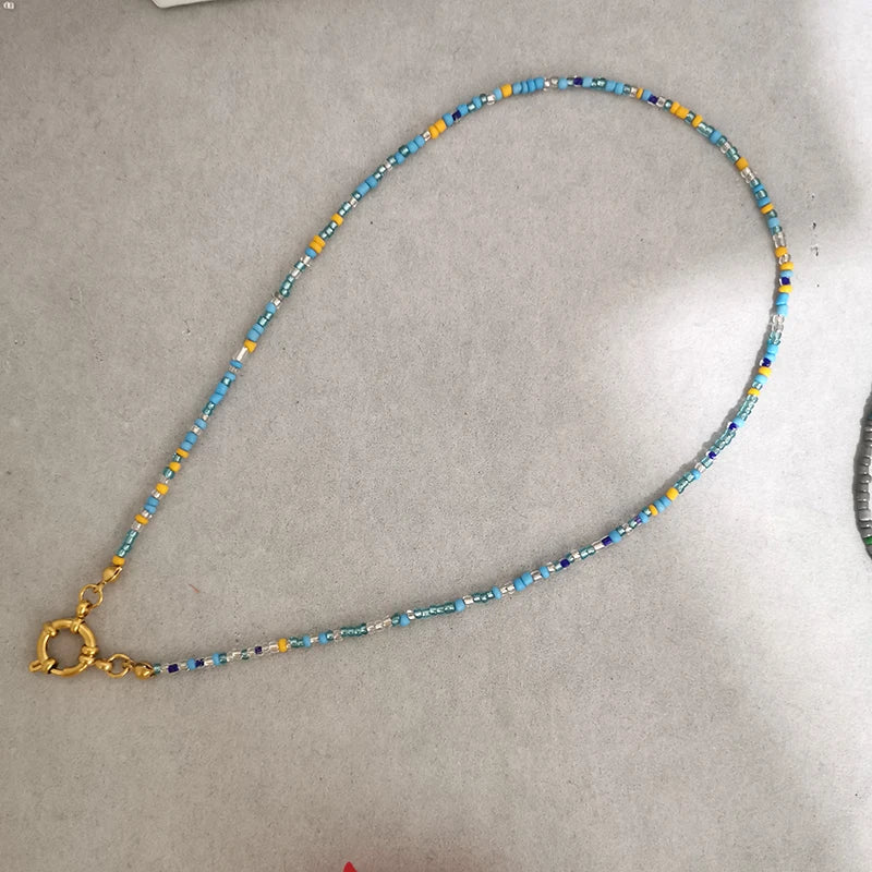 QMHJE Imitation Pearl Necklace Women Choker Seed Beads Rainbow Stainless Steel Clasp Sailor Buckle Base Chain Gold Color Boho