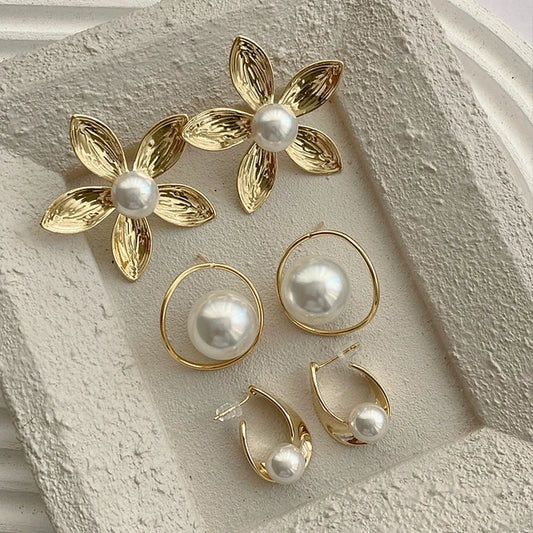 6Pcs Gold Color Floral Pearl Earring Set French Style Vintage Delicate Irregular Stud Earrings Fashion Female Jewelry Gifts 2025