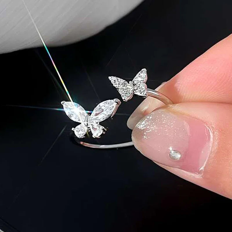 Huitan Shiny Uniquely Designed Butterfly Opening Rings for Women Simple Stylish Silver Color Rings Fashion Trendy Party Jewelry