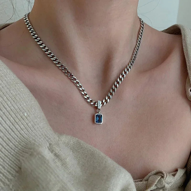 Personality Square Blue Zirconia Necklace Cuban Type Choker Matching Party Fashion Exquisite Women's Jewelry