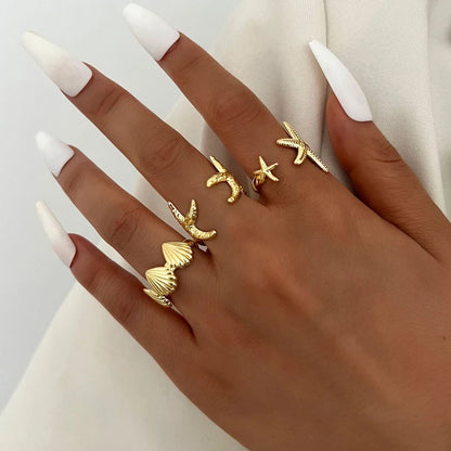 Vintage Smooth Flower Shell Design Ring Set Fashion Elegant Bohemian Starfish Personalized Ring Party Holiday Daily Wear Jewelry