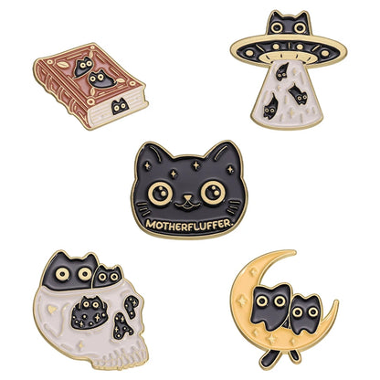 Cute Cat 4-6pcs/Set Enamel Pins Black Fluid Cat Brooches Lapel Badge Punk Animal Jewelry Gift for Friends