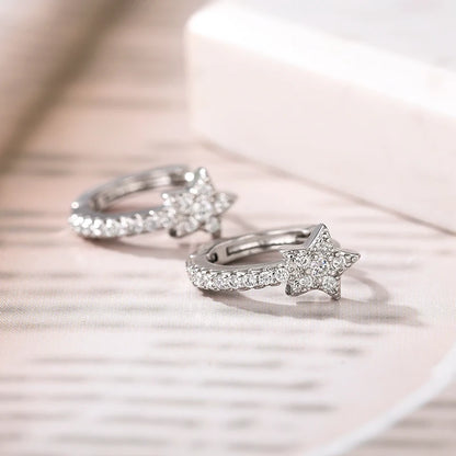 Huitan Fashion Star Hoop Earrings with Dazzling CZ Simple Stylish Ear Accessories for Women Silver Color Exquisite Girls Jewelry